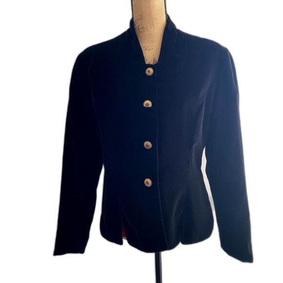 Vintage Tom Barra Black Velvet Collarless Blazer Button Front Whimsigoth Size 12 - Picture 1 of 5